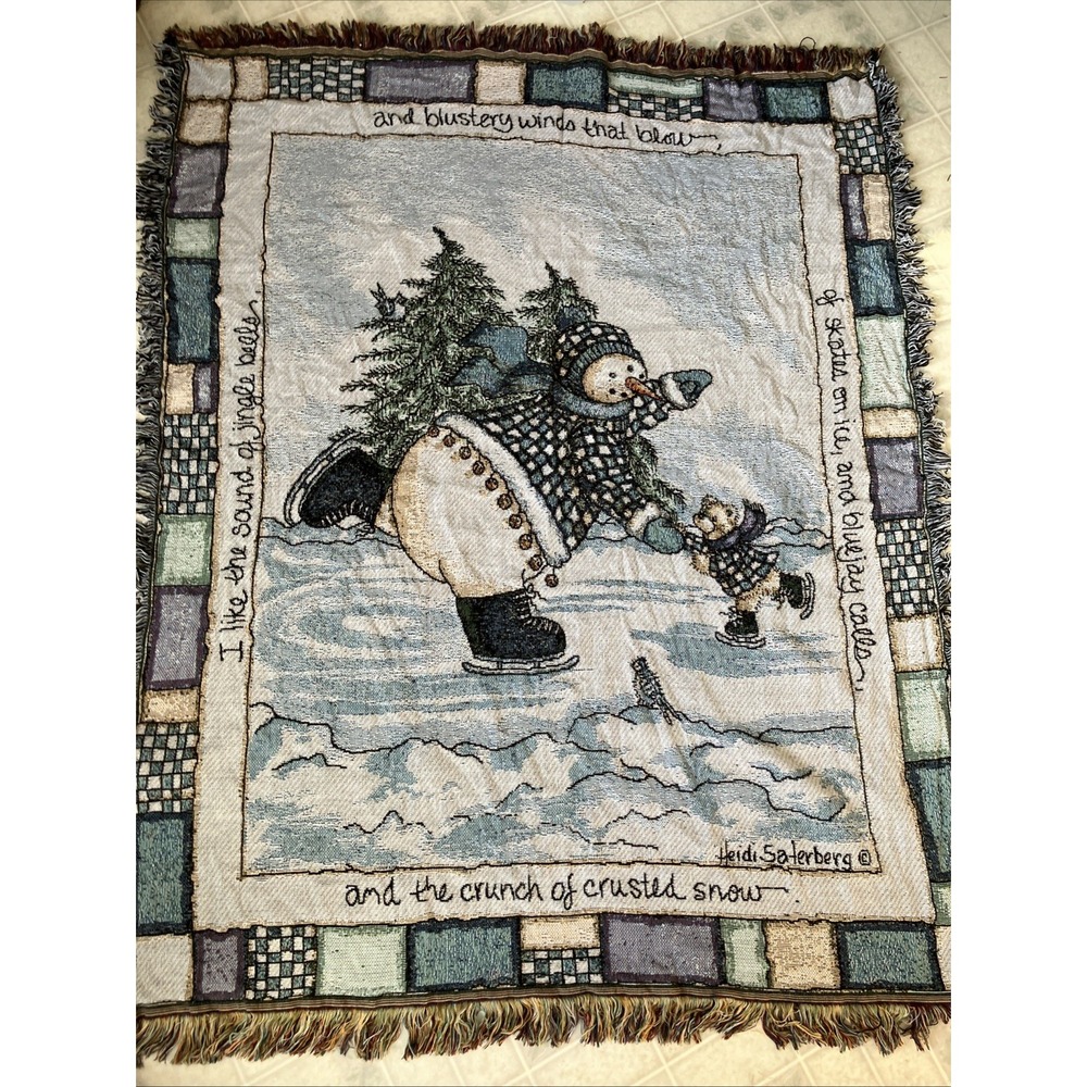 Heidi Saterberg USA Snowman & Bear Skating Woven Tapestry Throw‎ Blanket 48"x55"